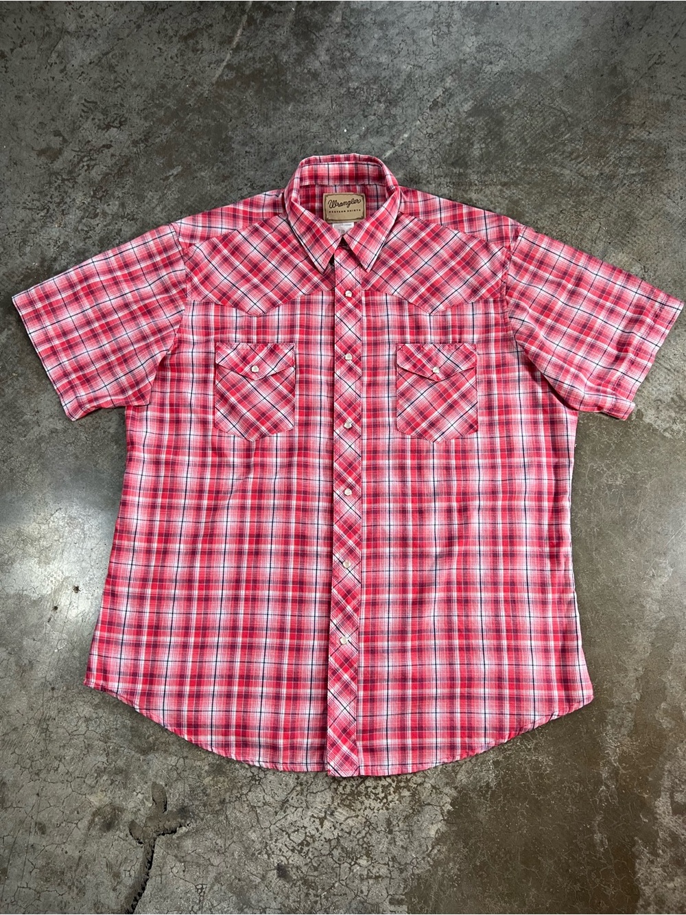 Wrangler Western Pearl Snap Plaid Shirt XL Red White Short Sleeve Cowboy Rodeo